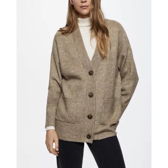 Mango MNG Oversized Wool Blend Cardigan Buttons XS Brown Preppy Academia